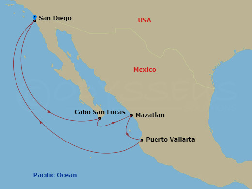 HAL Zaandam - 7 Night - Mexican Riviera - HAL Zaandam - Starting in San Diego, California, Cabo San Lucas, Mexico, Mazatlan, Mexico, Puerto Vallarta, Mexico, San Diego, Cal.. itinerary map