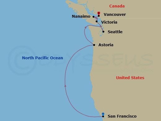 7 Night - Flowers, Harmony & Haight - Seven Seas Splendor - Starting in San Francisco, Cruising the Pacific Ocean, Astoria, Cruising the Pacific Ocean, Seattle, Victoria CA, Nanaimo, Vancouver itinerary map