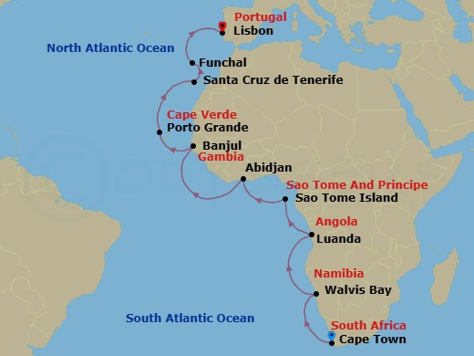 21 Night - Table Mountain to Tagus River - Seven Seas Mariner - Starting in Cape Town, Cruising the Atlantic Ocean, Walvis Bay, Cruising the Atlantic Ocean, Luanda, Cruising the Atlantic Ocean, Sao Tome, Cruising the Gulf of Guinea, Abidjan, Cruising the Atlantic Ocean, Banjul, Cruising the Atlantic Ocean, Mindelo (Porto Grande), Cruising the Atlantic Ocean, Santa Cruz de Tenerife, Funchal (Madeira), Cruising the Atlantic Ocean, Lisbon itinerary map