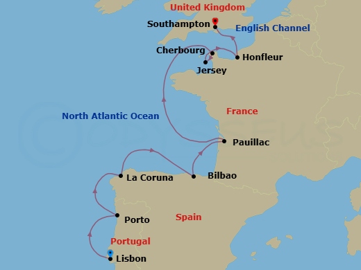 9 Night - Blooms of Iberia & Paris - Seven Seas Prestige - Starting in Lisbon, Oporto, La Coruna, Bilbao, Pauillac, Cruising the English Channel, Cherbourg, St Helier, Paris (Honfleur), London (Southampton) itinerary map