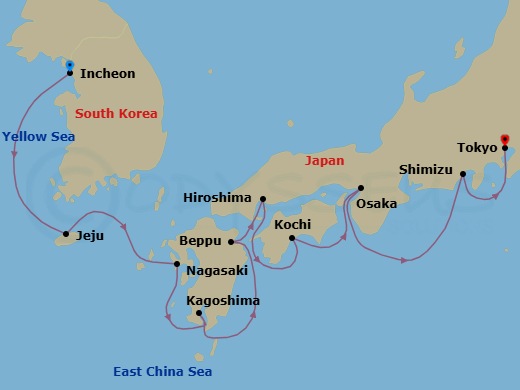 11 Night - Sakura & Samurai - Seven Seas Splendor - Starting in Seoul (Incheon), Cruising the Yellow Sea, Jeju, Nagasaki, Kagoshima, Beppu, Hiroshima, Kochi, Osaka, Cruising the Pacific Ocean, Shimizu, Tokyo itinerary map