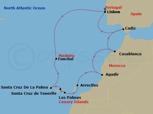 11 Night - Cruising the Canary Islands - Seven Seas Prestige - Starting in Lisbon, Cruising the Atlantic Ocean, Funchal (Madeira), Santa Cruz de La Palma, Santa Cruz de Tenerife, Las Palmas De Gran Canaria, Arrecife (Lanzarote), Agadir, Casablanca, Cadiz, Cruising the Atlantic Ocean, Lisbon itinerary map
