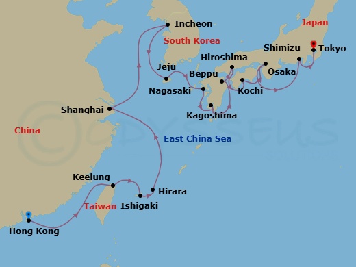 21 Night - Folk Traditions & Festivals - Seven Seas Splendor - Starting in Hong Kong, Cruising the Taiwan Strait, Taipei (Keelung), Ishigaki (Sakishima Islands), Hirara (Miyakojima), Cruising the East China Sea, Shanghai, Cruising the Yellow Sea, Seoul (Incheon), Cruising the Yellow Sea, Jeju, Nagasaki, Kagoshima, Beppu, Hiroshima, Kochi, Osaka, Cruising the Pacific Ocean, Shimizu, Tokyo itinerary map