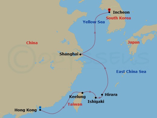 10 Night - Journey to the Jade Buddha - Seven Seas Splendor - Starting in Hong Kong, Cruising the Taiwan Strait, Taipei (Keelung), Ishigaki (Sakishima Islands), Hirara (Miyakojima), Cruising the East China Sea, Shanghai, Cruising the Yellow Sea, Seoul (Incheon) itinerary map