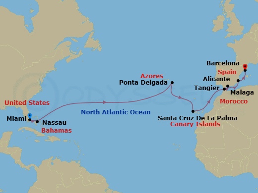 15 Night - Elegance of the Atlantic - Seven Seas Grandeur - Starting in Miami, Nassau, Cruising the Atlantic Ocean, Ponta Delgada (Azores), Cruising the Atlantic Ocean, Santa Cruz de La Palma, Cruising the Atlantic Ocean, Tangier, Malaga, Alicante, Barcelona itinerary map