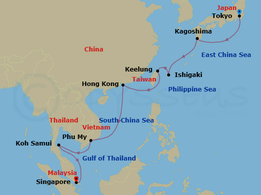 14 Night - Pretty in Pink Spring - Seven Seas Explorer - Starting in Tokyo, Cruising the Philippine Sea, Kagoshima, Cruising the East China Sea, Ishigaki (Sakishima Islands), Taipei (Keelung), Cruising the Taiwan Strait, Hong Kong, Cruising the South China Sea, Phu My (Ho Chi Minh City), Cruising the Gulf of Thailand, Ko Samui, Cruising the Gulf of Thailand, Singapore itinerary map
