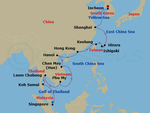 21 Night - Guardian Giants - Seven Seas Splendor - Starting in Singapore, Cruising the Gulf of Thailand, Ko Samui, Bangkok (Laem Chabang), Cruising the Gulf of Thailand, Phu My (Ho Chi Minh City), Cruising the South China Sea, Hue (Chan May), Hanoi (Ha Long Bay), Cruising the Hainan Strait, Hong Kong, Cruising the Taiwan Strait, Taipei (Keelung), Ishigaki (Sakishima Islands), Hirara (Miyakojima), Cruising the East China Sea, Shanghai, Cruising the Yellow Sea, Seoul (Incheon) itinerary map
