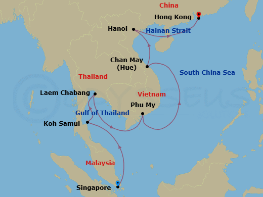 11 Night - Sacred Swords & Temples - Seven Seas Splendor - Starting in Singapore, Cruising the Gulf of Thailand, Ko Samui, Bangkok (Laem Chabang), Cruising the Gulf of Thailand, Phu My (Ho Chi Minh City), Cruising the South China Sea, Hue (Chan May), Hanoi (Ha Long Bay), Cruising the Hainan Strait, Hong Kong itinerary map