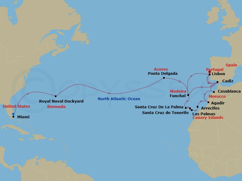 25 Night - Season of Sails - Seven Seas Prestige - Starting in Miami, Cruising the Atlantic Ocean, Royal Naval Dockyard, Cruising the Atlantic Ocean, Ponta Delgada (Azores), Cruising the Atlantic Ocean, Funchal (Madeira), Cruising the Atlantic Ocean, Cadiz, Lisbon, Cruising the Atlantic Ocean, Funchal (Madeira), Santa Cruz de La Palma, Santa Cruz de Tenerife, Las Palmas De Gran Canaria, Arrecife (Lanzarote), Agadir, Casablanca, Cadiz, Cruising the Atlantic Ocean, Lisbon itinerary map