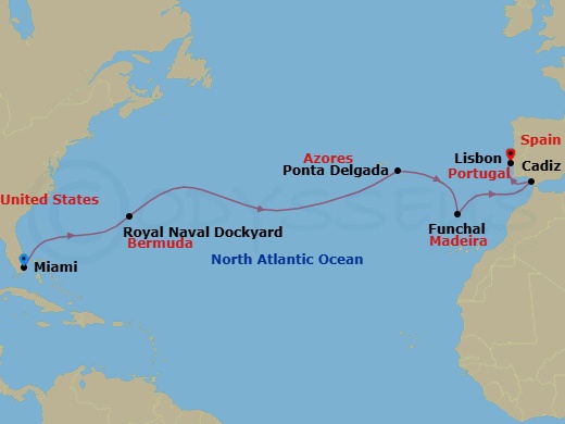 14 Night - Rite of Spring Crossing - Seven Seas Prestige - Starting in Miami, Cruising the Atlantic Ocean, Royal Naval Dockyard, Cruising the Atlantic Ocean, Ponta Delgada (Azores), Cruising the Atlantic Ocean, Funchal (Madeira), Cruising the Atlantic Ocean, Cadiz, Lisbon itinerary map