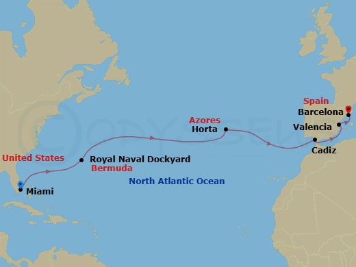 14 Night - Exuberant Bermuda & Azores - Seven Seas Voyager - Starting in Miami, Cruising the Atlantic Ocean, Royal Naval Dockyard, Cruising the Atlantic Ocean, Horta (Azores), Cruising the Atlantic Ocean, Cadiz, Cruising the Mediterranean Sea, Valencia, Barcelona itinerary map