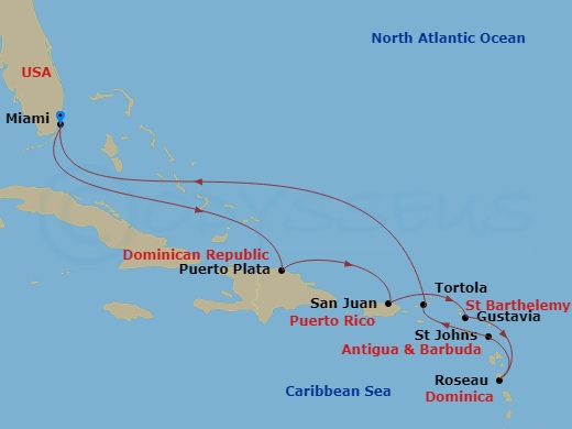 Seven Seas Grandeur - 10 Night - Picturesque Isles - Seven Seas Grandeur - Starting in Miami, Cruising the Bahamian Waters, Puerto Plata, Dominican Republic, San Juan, Gustavia, Ro.. itinerary map