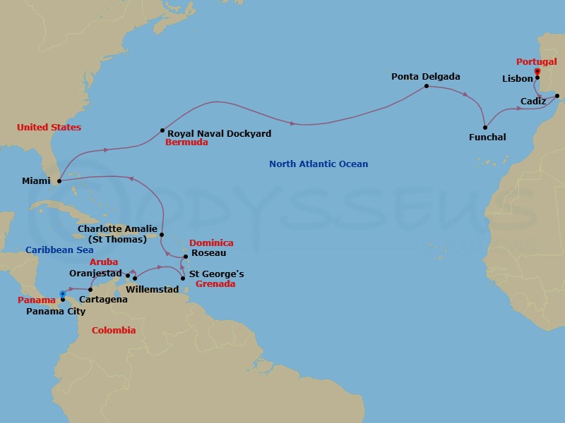 26 Night - Azure to Iberia - Seven Seas Prestige - Starting in Panama City, Panama Canal Daylight Transit, Cartagena CO, Cruising the Caribbean Sea, Oranjestad, Willemstad AN, Cruising the Caribbean Sea, St Georges, Roseau, Charlotte Amalie, Cruising the Atlantic Ocean, Cruising the Bahamian Waters, Miami, Cruising the Atlantic Ocean, Royal Naval Dockyard, Cruising the Atlantic Ocean, Ponta Delgada (Azores), Cruising the Atlantic Ocean, Funchal (Madeira), Cruising the Atlantic Ocean, Cadiz, Lisbon itinerary map
