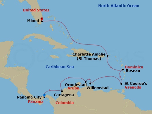 12 Night - Bon Bini Aruba - Seven Seas Prestige - Starting in Panama City, Panama Canal Daylight Transit, Cartagena CO, Cruising the Caribbean Sea, Oranjestad, Willemstad AN, Cruising the Caribbean Sea, St Georges, Roseau, Charlotte Amalie, Cruising the Atlantic Ocean, Cruising the Bahamian Waters, Miami itinerary map