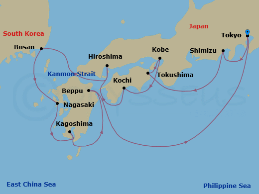 11 Night - At First Bloom - Seven Seas Explorer - Starting in Tokyo, Shimizu, Tokushima, Kyoto (Kobe), Kochi, Hiroshima, Cruising the Kanmon Straits, Busan, Nagasaki, Kagoshima, Beppu, Cruising the Philippine Sea, Tokyo itinerary map