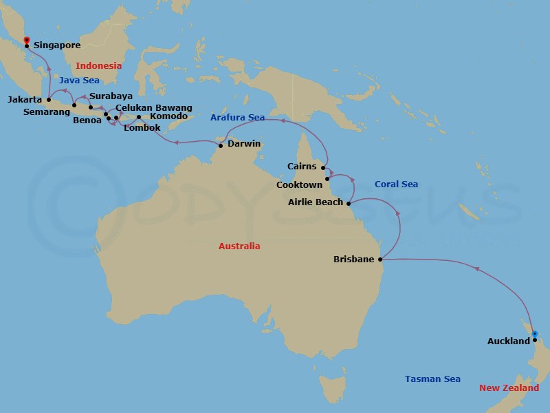 24 Night - Southern Realm - Seven Seas Mariner - Starting in Auckland, Cruising the Tasman Sea, Cruising the Coral Sea, Brisbane, Cruising the Coral Sea, Airlie Beach, Cairns, Cooktown, Cruising the Coral Sea, Cruising the Timor Sea, Darwin, Cruising the Timor Sea, Komodo, Lombok (Lembar), Bali (Benoa), Celukan Bawang (Bali), Surabaya, Semarang (Java), Jakarta, Cruising the Java Sea, Singapore itinerary map