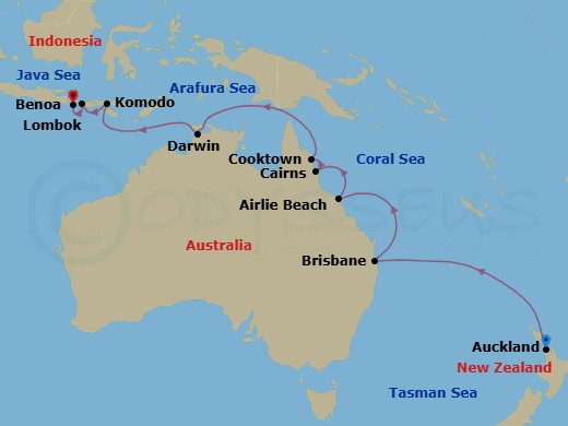 16 Night - Journey to Oz - Seven Seas Mariner - Starting in Auckland, Cruising the Tasman Sea, Cruising the Coral Sea, Brisbane, Cruising the Coral Sea, Airlie Beach, Cairns, Cooktown, Cruising the Coral Sea, Cruising the Timor Sea, Darwin, Cruising the Timor Sea, Komodo, Lombok (Lembar), Bali (Benoa) itinerary map