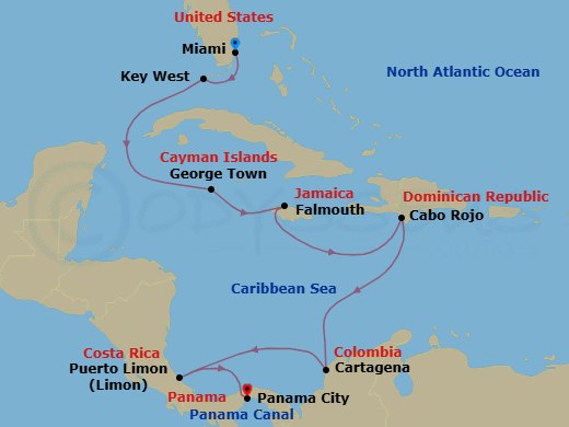 12 Night - Flavors of Cartagena - Seven Seas Prestige - Starting in Miami, Key West, Cruising the Florida Straits, George Town, Falmouth, Cruising the Caribbean Sea, Cabo Rojo, Cruising the Caribbean Sea, Cartagena CO, Cruising the Caribbean Sea, Puerto Limon, Panama Canal Daylight Transit, Panama City itinerary map