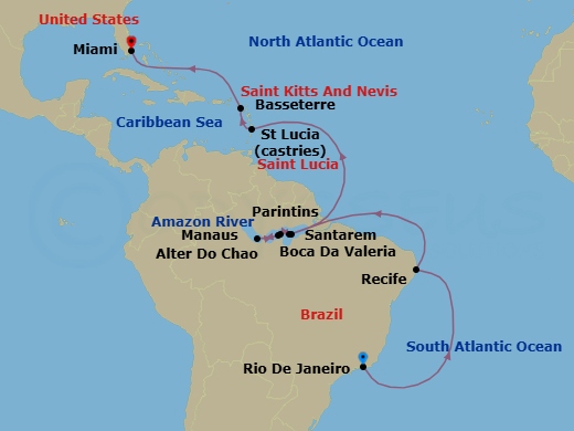 21 Night - Secrets of the Selva - Seven Seas Voyager - Starting in Rio De Janeiro, Cruising the Atlantic Ocean, Recife, Cruising the Atlantic Ocean, Alter Do Chao (Amazon River), Boca Da Valeria (Amazon River), Manaus (Amazon River), Parintins (Amazon River), Santarem (Amazon River), Cruising the Atlantic Ocean, Castries, Basseterre, Cruising the Caribbean Sea, Miami itinerary map