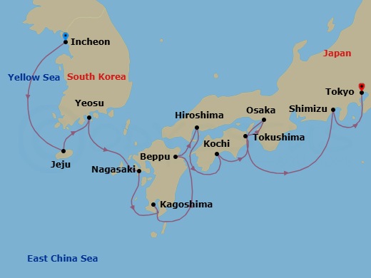 14 Night - Gates, Palaces & Shrines - Seven Seas Explorer - Starting in Seoul (Incheon), Cruising the Yellow Sea, Jeju, Yeosu, Nagasaki, Kagoshima, Cruising the East China Sea, Beppu, Hiroshima, Kochi, Tokushima, Osaka, Cruising the East China Sea, Shimizu, Tokyo itinerary map