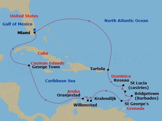 15 Night - Romance of Roseau - Seven Seas Prestige - Starting in Miami, Cruising the Bahamian Waters, Cruising the Atlantic Ocean, Tortola, Roseau, Castries, Bridgetown, St Georges, Cruising the Caribbean Sea, Bonaire (Kralendijk), Willemstad AN, Oranjestad, Cruising the Caribbean Sea, George Town, Cruising the Florida Straits, Miami itinerary map