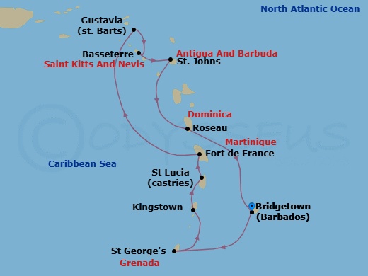 10 Night - Untouched Treasures - Seven Seas Grandeur - Starting in Bridgetown, St Georges, Kingstown, Castries, Fort-de-France, Cruising the Caribbean Sea, Gustavia, Basseterre, St Johns, Roseau, Bridgetown itinerary map