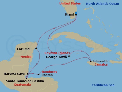 10 Night - Reggae Rhythms - Seven Seas Prestige - Starting in Miami, Cruising the Florida Straits, Cozumel, Mexico, Santo Tomas De Castilla, Harvest Caye, Roatan, Cruising the Caribbean Sea, Falmouth, George Town, Cruising the Florida Straits, Miami itinerary map