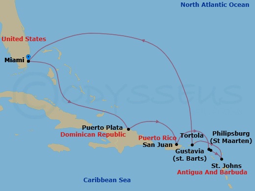 10 Night - Golden Caribbean Beaches - Seven Seas Prestige - Starting in Miami, Cruising the Bahamian Waters, Puerto Plata, Dominican Republic, San Juan, Philipsburg, Gustavia, St Johns, Tortola, Cruising the Atlantic Ocean, Cruising the Bahamian Waters, Miami itinerary map