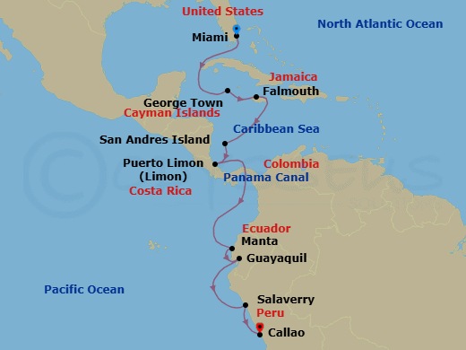 14 Night - Empires of the Sun - Seven Seas Voyager - Starting in Miami, Cruising the Straits of Florida, George Town, Falmouth, Cruising the Caribbean Sea, San Andres, Puerto Limon, Panama Canal Transit, Cruising the Pacific Ocean, Manta, Guayaquil, Cruising the Pacific Ocean, Salaverry, Lima (Callao) itinerary map
