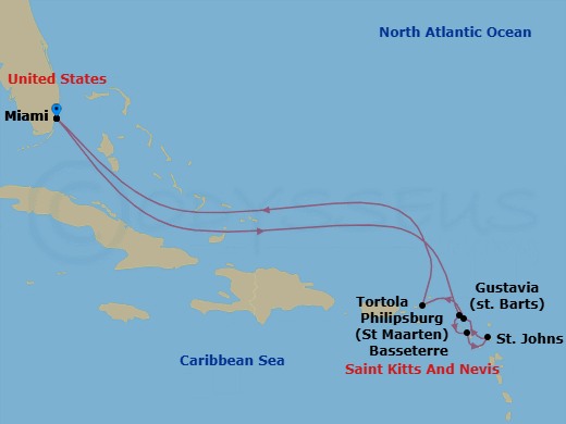10 Night - Bahamian Breeze - Seven Seas Prestige - Starting in Miami, Cruising the Bahamian Waters, Cruising the Atlantic Ocean, Philipsburg, Basseterre, St Johns, Gustavia, Tortola, Cruising the Atlantic Ocean, Cruising the Bahamian Waters, Miami itinerary map