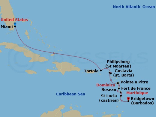 10 Night - A Journey in Beauty - Seven Seas Grandeur - Starting in Miami, Cruising the Bahamian Waters, Cruising the Atlantic Ocean, Tortola, Gustavia, Philipsburg, Pointe-a-Pitre, Roseau, Fort-de-France, Castries, Bridgetown itinerary map