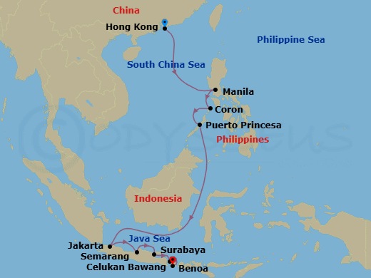 12 Night - Exploration & Enlightenment - Seven Seas Explorer - Starting in Hong Kong, Cruising the South China Sea, Manila, Coron, Puerto Princesa, Cruising the South China Sea, Cruising the Java Sea, Jakarta, Semarang (Java), Surabaya, Celukan Bawang (Bali), Bali (Benoa) itinerary map