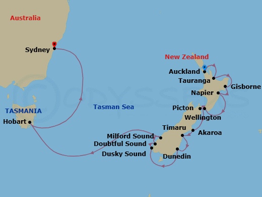 14 Night - Bespoke New Zealand Escape - Seven Seas Mariner - Starting in Auckland, Rotorua (Tauranga), Gisborne, Napier, Wellington, Picton, Akaroa, Timaru, Dunedin, Cruising the Fjords of Dusky Sound, Cruising the Fjords of Doubtful Sound, Cruising the Fjords of Milford Sound, Cruising the Tasman Sea, Hobart (Tasmania), Cruising the Tasman Sea, Sydney AU itinerary map