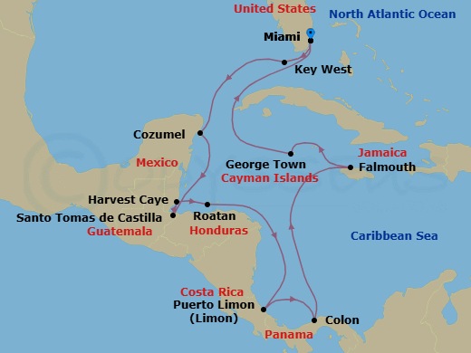 14 Night - A Festive Passage - Seven Seas Grandeur - Starting in Miami, Key West, Cruising the Florida Straits, Cozumel, Mexico, Santo Tomas De Castilla, Harvest Caye, Roatan, Cruising the Caribbean Sea, Puerto Limon, Panama Canal / Gatun Yacht Club, Colon, Cruising the Caribbean Sea, Falmouth, George Town, Cruising the Florida Straits, Miami itinerary map