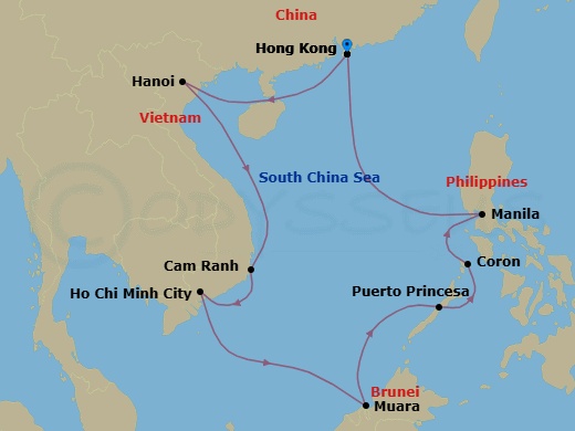 14 Night - Serenity & Celebration - Seven Seas Explorer - Starting in Hong Kong, Cruising the Hainan Strait, Hanoi (Ha Long Bay), Cruising the South China Sea, Cam Ranh, Ho Chi Minh City (Saigon), Cruising the South China Sea, Muara, Cruising the Sulu Sea, Puerto Princesa, Coron, Manila, Cruising the South China Sea, Hong Kong itinerary map
