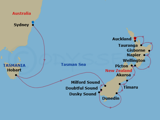 14 Night - Surf & Santa - Seven Seas Mariner - Starting in Sydney AU, Cruising the Tasman Sea, Hobart (Tasmania), Cruising the Tasman Sea, Cruising the Fjords of Milford Sound, Cruising the Fjords of Doubtful Sound, Cruising the Fjords of Dusky Sound, Dunedin, Timaru, Akaroa, Picton, Wellington, Napier, Gisborne, Rotorua (Tauranga), Auckland itinerary map