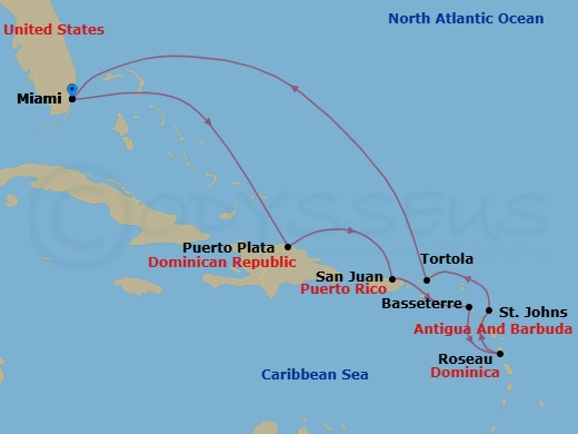 10 Night - Season to Cheer - Seven Seas Prestige - Starting in Miami, Cruising the Bahamian Waters, Puerto Plata, Dominican Republic, San Juan, Basseterre, Roseau, St Johns, Tortola, Cruising the Atlantic Ocean, Cruising the Bahamian Waters, Miami itinerary map
