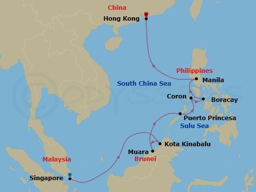 11 Night - Skyline Stories - Seven Seas Explorer - Starting in Singapore, Cruising the South China Sea, Kota Kinabalu, Muara, Cruising the Sulu Sea, Puerto Princesa, Coron, Boracay Island, Manila, Cruising the South China Sea, Hong Kong itinerary map