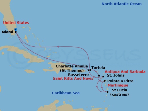 11 Night - Virgin Islands Voyage - Seven Seas Prestige - Starting in Miami, Cruising the Bahamian Waters, Cruising the Atlantic Ocean, Charlotte Amalie, St Johns, Castries, Pointe-a-Pitre, Basseterre, Tortola, Cruising the Atlantic Ocean, Cruising the Bahamian Waters, Miami itinerary map