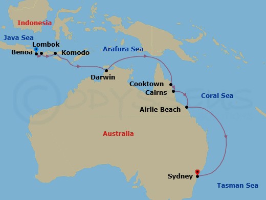 14 Night - Colorful Frangipani & Hibiscus - Seven Seas Mariner - Starting in Bali (Benoa), Lombok (Lembar), Komodo, Cruising the Timor Sea, Darwin, Cruising the Arafura Sea, Cruising the Coral Sea, Cooktown, Cairns, Airlie Beach, Cruising the Coral Sea, Cruising the Tasman Sea, Sydney AU itinerary map