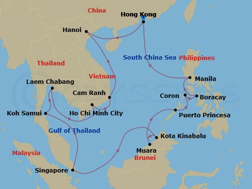22 Night - Silk & Skyline - Seven Seas Explorer - Starting in Hong Kong, Cruising the Hainan Strait, Hanoi (Ha Long Bay), Cruising the South China Sea, Cam Ranh, Ho Chi Minh City (Saigon), Cruising the Gulf of Thailand, Bangkok (Laem Chabang), Ko Samui, Cruising the Gulf of Thailand, Singapore, Cruising the South China Sea, Kota Kinabalu, Muara, Cruising the Sulu Sea, Puerto Princesa, Coron, Boracay Island, Manila, Cruising the South China Sea, Hong Kong itinerary map