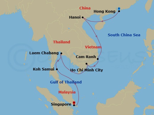 11 Night - Soaring Dragons - Seven Seas Explorer - Starting in Hong Kong, Cruising the Hainan Strait, Hanoi (Ha Long Bay), Cruising the South China Sea, Cam Ranh, Ho Chi Minh City (Saigon), Cruising the Gulf of Thailand, Bangkok (Laem Chabang), Ko Samui, Cruising the Gulf of Thailand, Singapore itinerary map