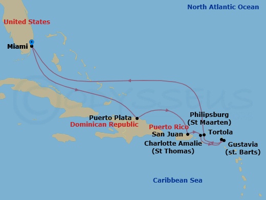 10 Night - Island Rendezvous - Seven Seas Grandeur - Starting in Miami, Cruising the Bahamian Waters, Puerto Plata, Dominican Republic, San Juan, Charlotte Amalie, Philipsburg, Gustavia, Tortola, Cruising the Atlantic Ocean, Cruising the Bahamian Waters, Miami itinerary map