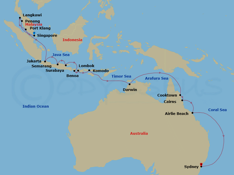 24 Night - The Coral Route - Seven Seas Mariner - Starting in Singapore, Kuala Lumpur (Port Klang), Langkawi, Penang, Cruising the Malacca Strait, Cruising the Java Sea, Jakarta, Semarang (Java), Surabaya, Bali (Benoa), Lombok (Lembar), Komodo, Cruising the Timor Sea, Darwin, Cruising the Arafura Sea, Cruising the Coral Sea, Cooktown, Cairns, Airlie Beach, Cruising the Coral Sea, Cruising the Tasman Sea, Sydney AU itinerary map