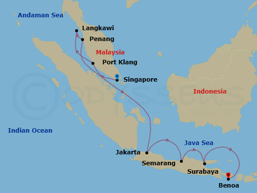 10 Night - Isle Crossroads - Seven Seas Mariner - Starting in Singapore, Kuala Lumpur (Port Klang), Langkawi, Penang, Cruising the Malacca Strait, Cruising the Java Sea, Jakarta, Semarang (Java), Surabaya, Bali (Benoa) itinerary map