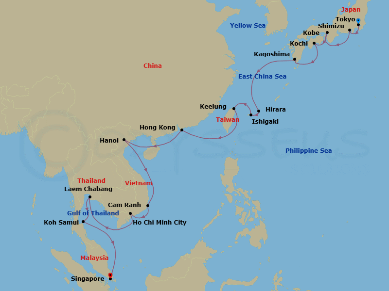 21 Night - The Still Horizon - Seven Seas Explorer - Starting in Tokyo, Shimizu, Kyoto (Kobe), Kochi, Kagoshima, Cruising the East China Sea, Hirara (Miyakojima), Ishigaki (Sakishima Islands), Taipei (Keelung), Cruising the Taiwan Strait, Hong Kong, Cruising the Hainan Strait, Hanoi (Ha Long Bay), Cruising the South China Sea, Cam Ranh, Ho Chi Minh City (Saigon), Cruising the Gulf of Thailand, Bangkok (Laem Chabang), Ko Samui, Cruising the Gulf of Thailand, Singapore itinerary map