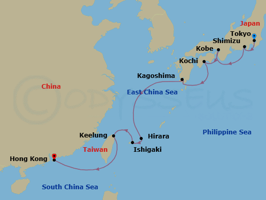 10 Night - Tempura & Tea - Seven Seas Explorer - Starting in Tokyo, Shimizu, Kyoto (Kobe), Kochi, Kagoshima, Cruising the East China Sea, Hirara (Miyakojima), Ishigaki (Sakishima Islands), Taipei (Keelung), Cruising the Taiwan Strait, Hong Kong itinerary map