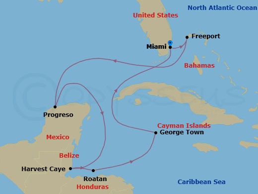 10 Night - Rainforest to Reef - Seven Seas Grandeur - Starting in Miami, Freeport, Cruising the Florida Straits, Progreso, Cruising the Caribbean Sea, Harvest Caye, Roatan, Cruising the Caribbean Sea, George Town, Cruising the Florida Straits, Miami itinerary map