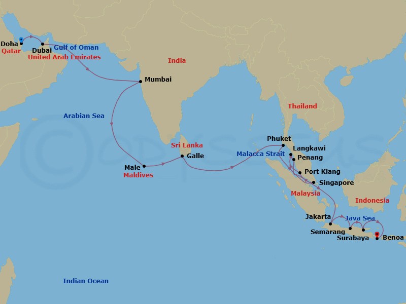27 Night - Minarets & Mandalas - Seven Seas Mariner - Starting in Doha, Dubai, Cruising the Gulf of Oman, Cruising the Arabian Sea, Mumbai (Bombay), Cruising the Arabian Sea, Cruising the Laccadive Sea, Male, Cruising the Laccadive Sea, Galle, Cruising the Bay of Bengal, Cruising the Andaman Sea, Phuket, Cruising the Malacca Strait, Singapore, Kuala Lumpur (Port Klang), Langkawi, Penang, Cruising the Malacca Strait, Cruising the Java Sea, Jakarta, Semarang (Java), Surabaya, Bali (Benoa) itinerary map