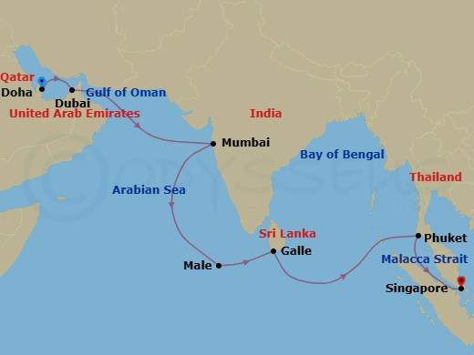 17 Night - Desert Sands to Elephanta Caves - Seven Seas Mariner - Starting in Doha, Dubai, Cruising the Gulf of Oman, Cruising the Arabian Sea, Mumbai (Bombay), Cruising the Arabian Sea, Cruising the Laccadive Sea, Male, Cruising the Laccadive Sea, Galle, Cruising the Bay of Bengal, Cruising the Andaman Sea, Phuket, Cruising the Malacca Strait, Singapore itinerary map